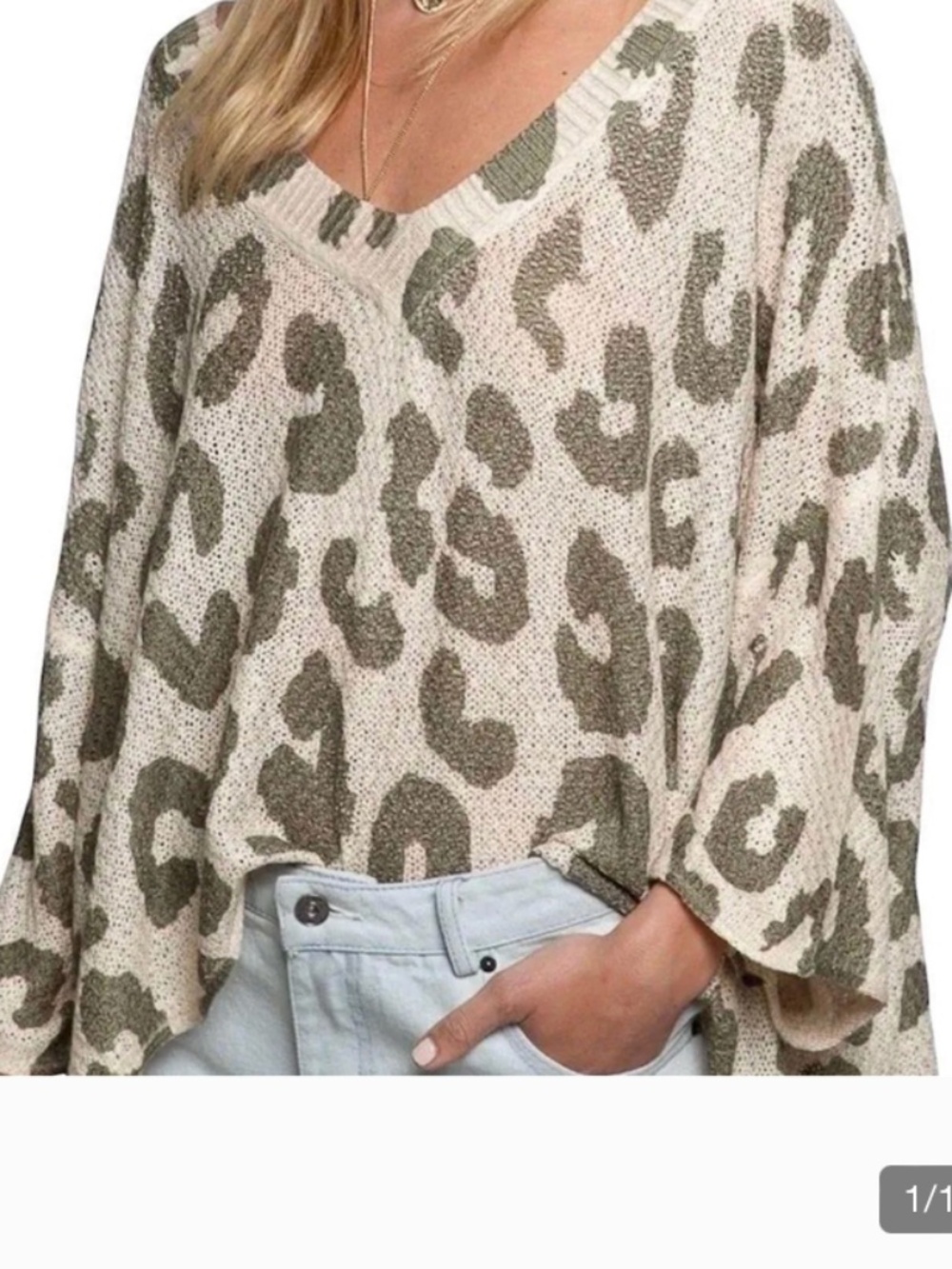 POL Olive Leopard Print Oversized Lightweight Sweater Size M